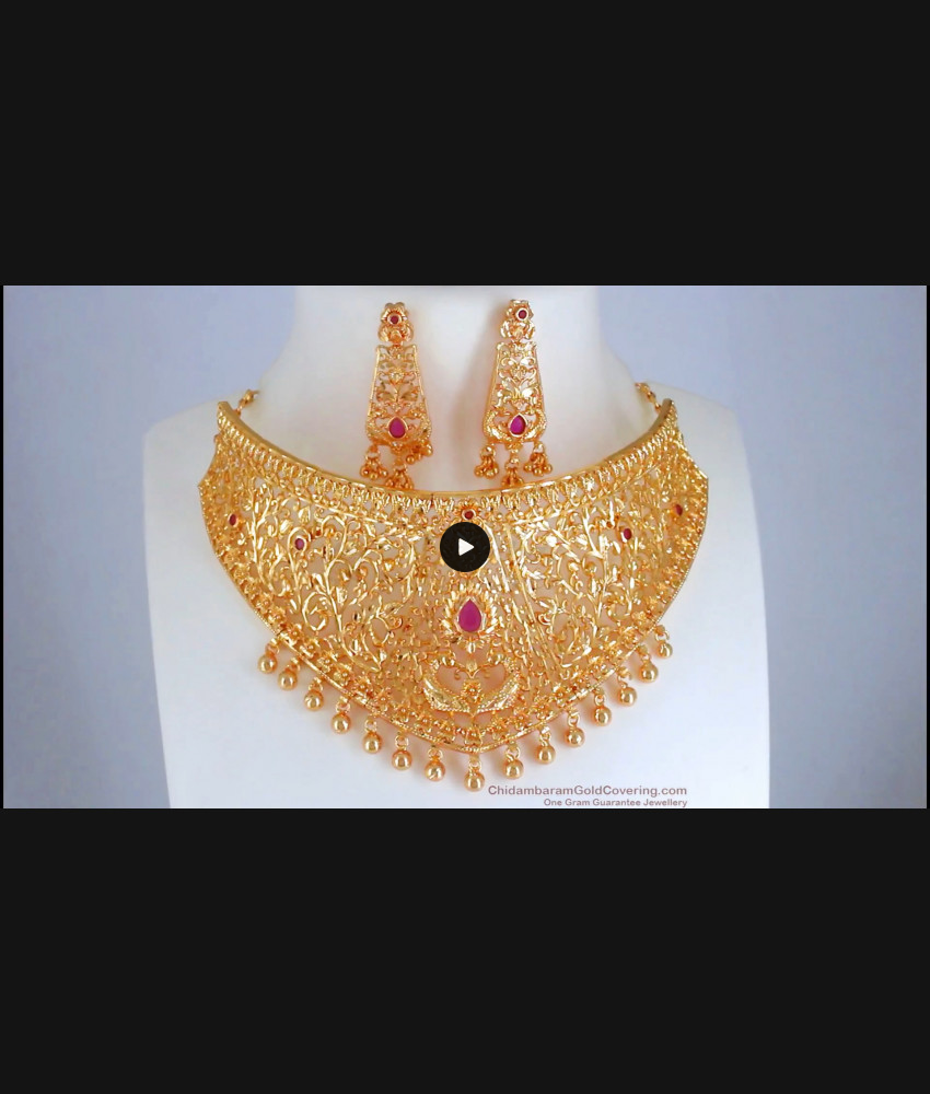 Luxurious Gold Like Broad Choker Necklace Peacock Design NCKN2711