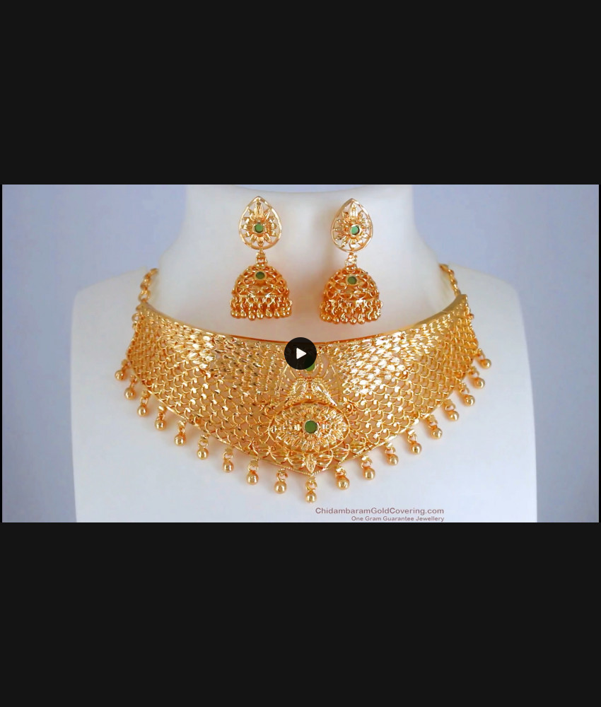 Emerald Stone Gold Imitation Choker Necklace Earring Combo NCKN2712