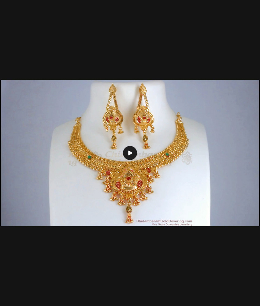 Gold Forming Close Neck Necklace Meenakari Pattern Combo Set NCKN2743