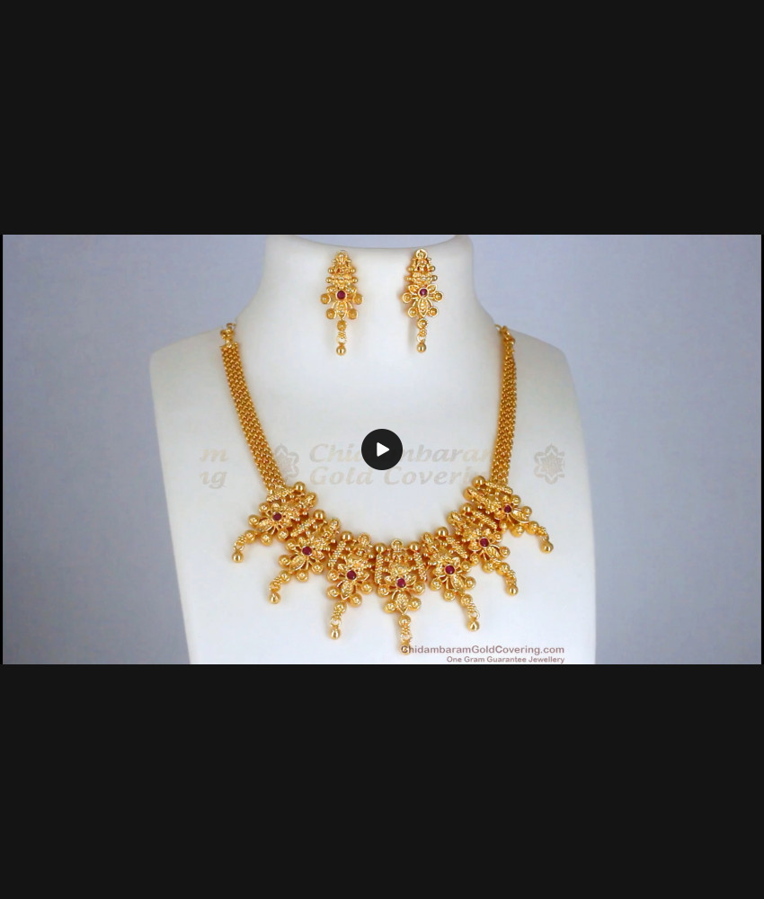 1 Gram Gold Necklace Earrings Set Lakshmi Pattern Kemp Jewelry NCKN2764