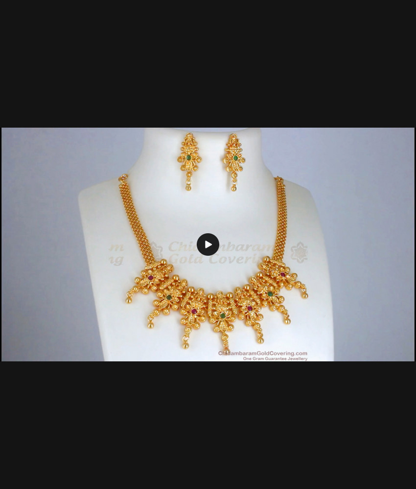 One Gram Gold Lakshmi Necklace Earrings Set Pattern Multi Stone NCKN2765