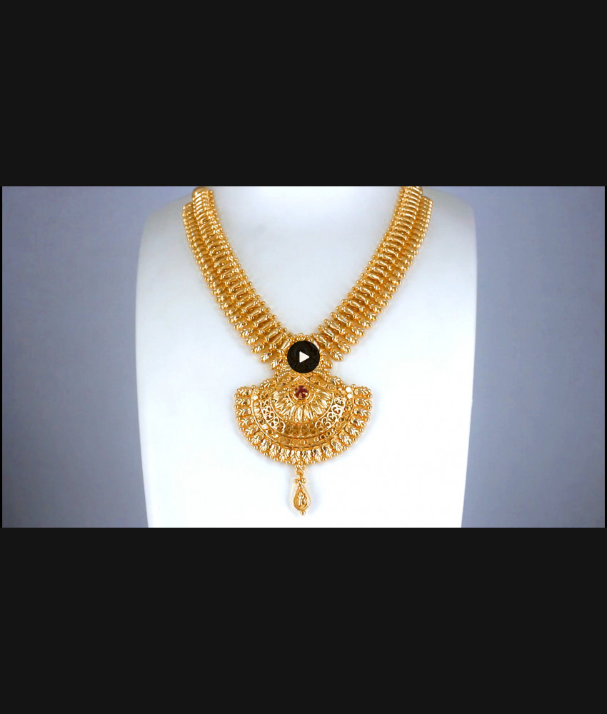 Grand One Gram Gold Imitation Necklace Kerala Patttern Single Ruby Stone NCKN2882