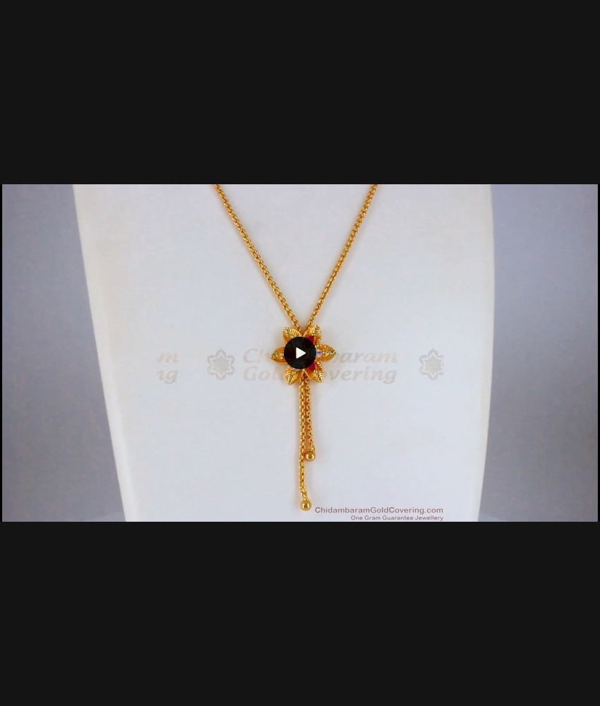 Triple Color Stone Flower Design Small Pendant Gold Short Chain SMDR692