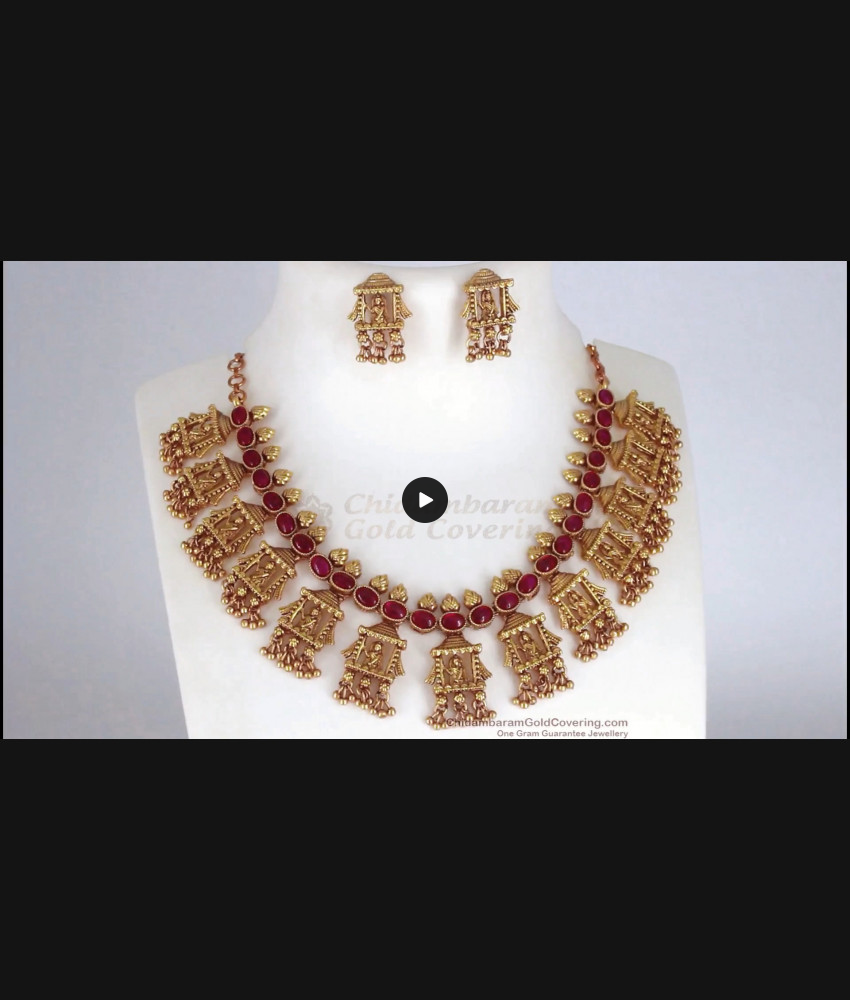 TNL1042 - Premium Gold Antique Temple Jewelry Radha Temple Necklace Set