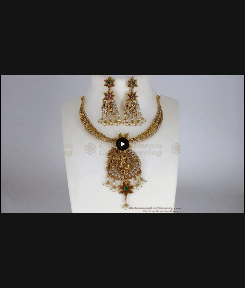 TNL1043 - Krishna with Flute Premium Gold Antique Temple Jewelry Pearl Necklace 